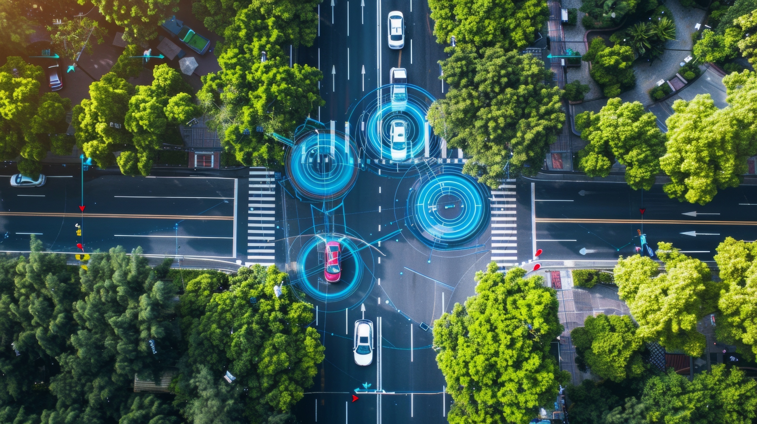 Aerial view of a road junction with circled cars