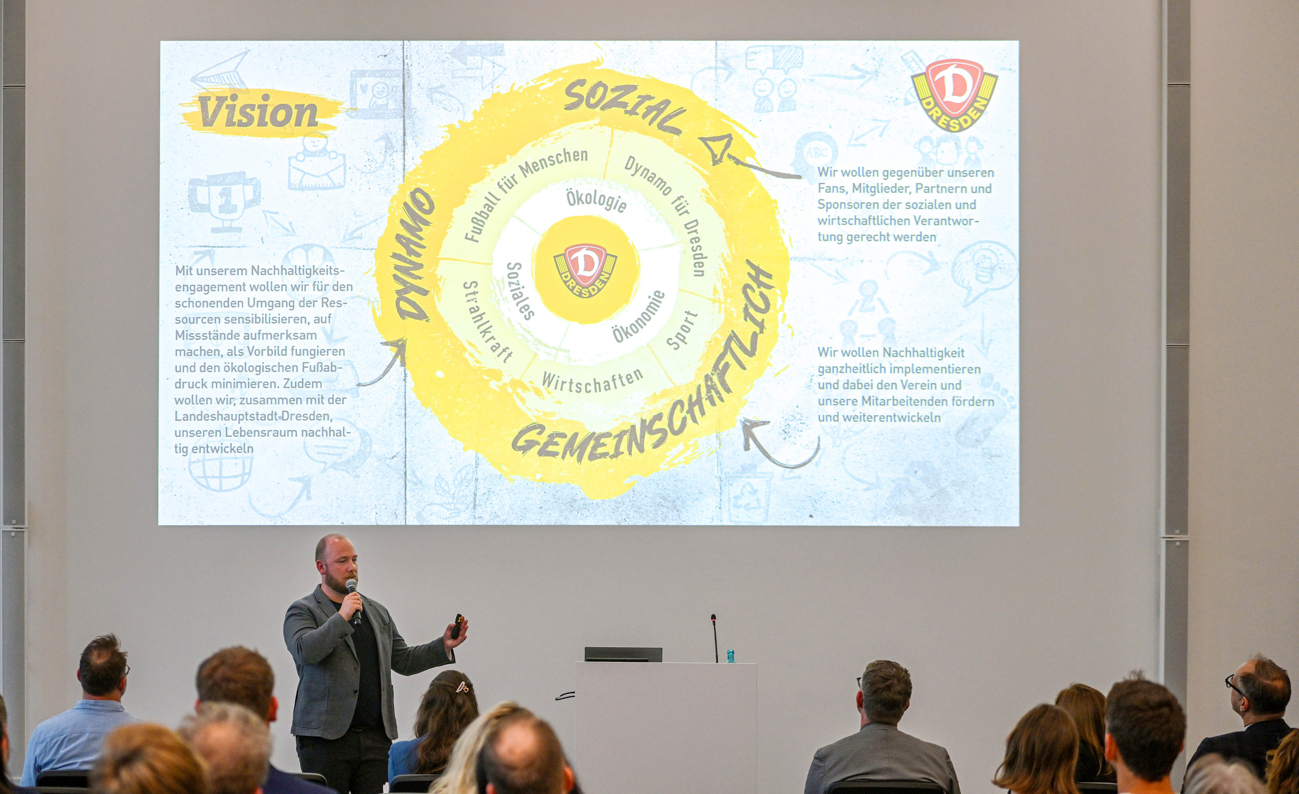 Mann hält Präsentation vor sitzendem Publikum